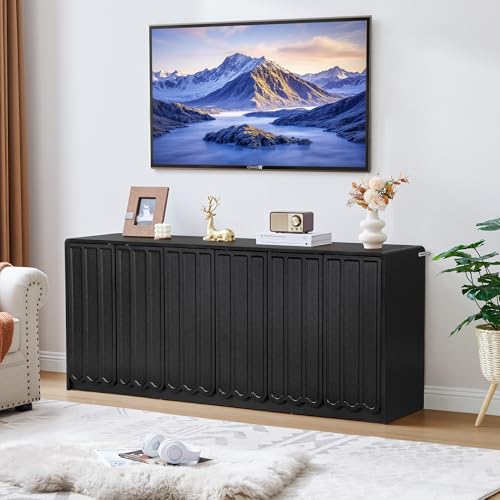 ORRD Sideboard Buffet Cabinet with Storage, Low Storage Cabinet Modern Wooden Accent Credenza Console Table TV Stand with 6 Wave Panel Doors for Kitchen Dining Living Room Entryway, Black - color: 6 Doors Low Black