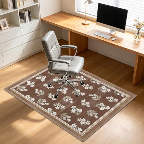 Brown Office Chair Mat for Hardwood Floor, 35X 47in Rug for Tile Floor | Under Desk Carpet Protector for Rolling Computer Chair, Floral Hard Floors Mat for Desk Chair Gift for Men Women Worker - color: Floral-brown, size: Material 1