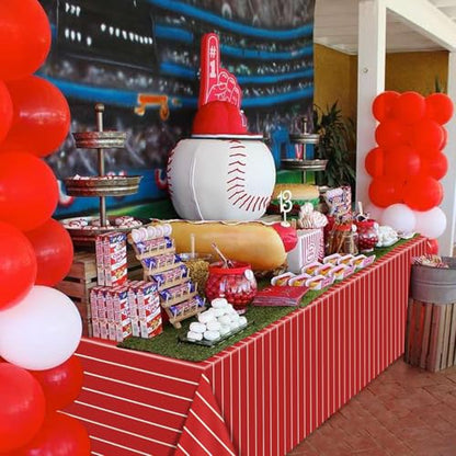 4 Pcs Plastic Baseball Tablecloths, Rectangle Red Stripe Table Cloth for Baseball Game Day Sports Theme Party Supplies, 51 x 86 Inches - color: White on Red