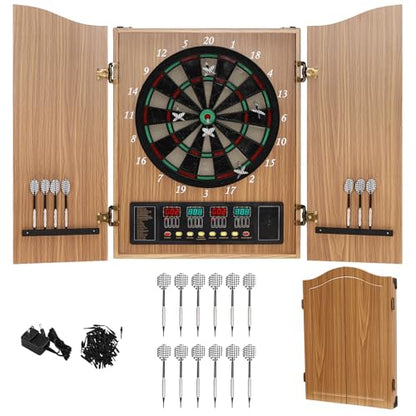 Electronic Dart Board with Cabinet Set, 18-Inch Dart Boards for Adults, Automatic Scoring LED Display Scoreboard, Soft Dartboard 27 Games, 243 Variants, 16 Players, Includes 12 Darts with 88 Tips