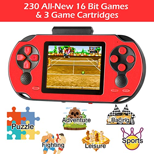 TaddToy 16 Bit Handheld Game for Kids Adults, 3.0'' Large Screen Preloaded 230 HD Classic Retro Video Games with USB Rechargeable Battery & 3 Game Cartridges for Birthday Gift for Kids 4-12 (Red) - color: Red