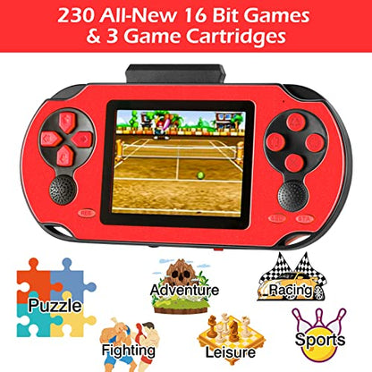 TaddToy 16 Bit Handheld Game for Kids Adults, 3.0'' Large Screen Preloaded 230 HD Classic Retro Video Games with USB Rechargeable Battery & 3 Game Cartridges for Birthday Gift for Kids 4-12 (Red) - color: Red