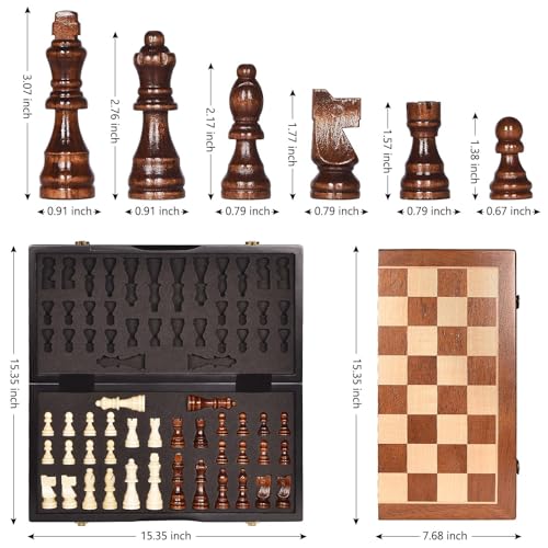 BIVOMON Chess Magnetic Wooden Chess Set 15" Unique Chess Board Game with Chess Pieces Storage Slots, Tournament Portable Folding Travel Chess Sets for Kids Adults Beginner and Pros, 2 Extra Queens