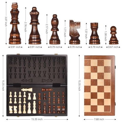 BIVOMON Chess Magnetic Wooden Chess Set 15" Unique Chess Board Game with Chess Pieces Storage Slots, Tournament Portable Folding Travel Chess Sets for Kids Adults Beginner and Pros, 2 Extra Queens