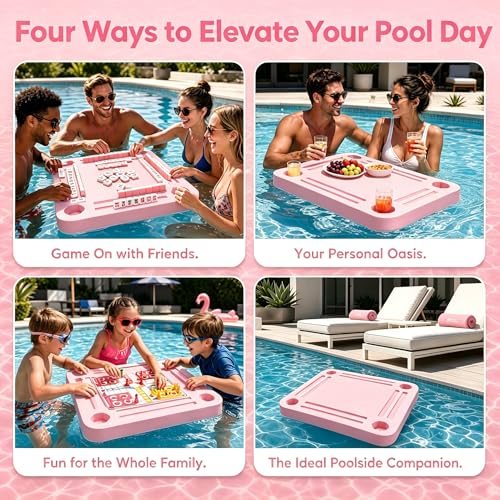 TheClouds Floating Mahjong Table for Pool, 31.5" x 31.5" Waterproof Mahjong Table, Floating Mahjong Board & Game Tray for Hot Tub, Outdoor Party, Card Games, Poker & Scrabble, Pink - color: Pink