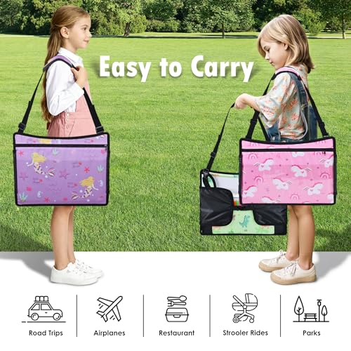 3PCS Kids Travel Tray for Airplane - Toddler Car Seat Table Tray, Road Trip Essentials for Boys & Girls, Carseat Lap Desk for Kids Road Trip Activities (Pink/Green-/Purple) - color: Pink/Green-/Purple--3PCS