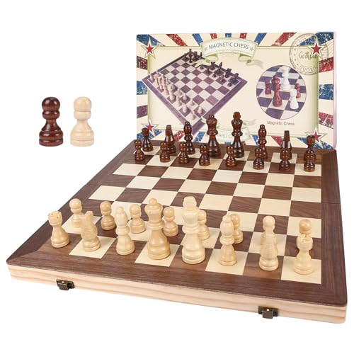Gothink Chess Set Board Games for Adults, 15'' Handcrafted Wooden Game Board with 2 Extra Pawn Pieces & Storage Box Instructions, Folding Chess Game for Tournament Professional Beginner - Non-Magnetic - style: 15'' Non-Magnetic Chess Set