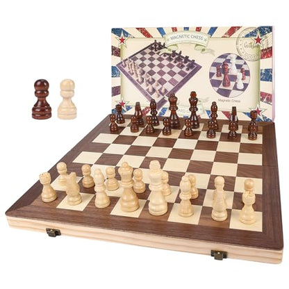 Gothink Chess Set Board Games for Adults, 15'' Handcrafted Wooden Game Board with 2 Extra Pawn Pieces & Storage Box Instructions, Folding Chess Game for Tournament Professional Beginner - Non-Magnetic - style: 15'' Non-Magnetic Chess Set