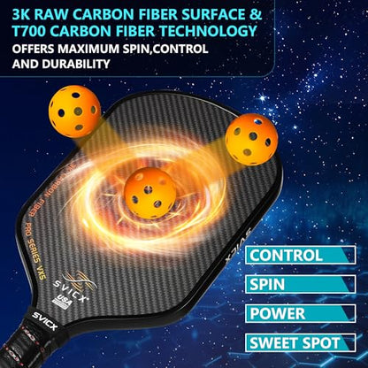Carbon Fiber Pickleball Paddle 16mm – Professional Pickleball Paddles with Superior Control, Power & Spin – Extended Handle for Two-Handed Grip, USAPA Approved - color: Black