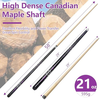 Pool Cue, 58" Billiard Cue Stick 2-Piece Maple Wood Pool Cue Stick 18 19 20 21oz for Bar House Pool Table Sports - color: Purple 21oz