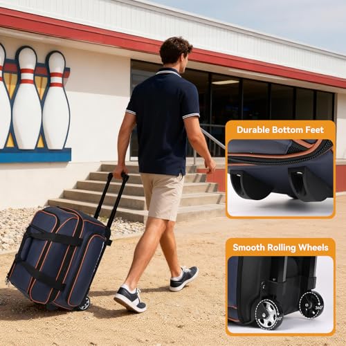 2 Ball Bowling Bag with Wheel,900D Oxford Waterproof PU,Dual Roller Bowling Bag with Sturdy Frame,Large Shoe Compartment Fits Up to Men’s 16,Rolling Bowling Tote, Handle Extends to 39.5" - color: Blue