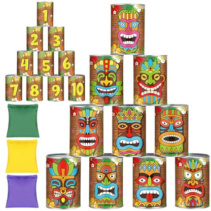13 Pcs Luau Party Games Luau Tiki Can Toss Game Bean Bag Toss Include 10 Tin Can and 3 Bean Bag for Kids Summer Tiki Family Tropical Hawaii Aloha Indoors Outdoors Activities Party Supplies - style: Tiki Style