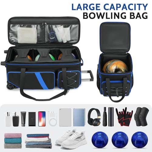 4 Ball Bowling Bag with Wheels, 3 Ball Bowling Bags Roller with 1 Ball Add On Bag, Multi-Pockets & Shoe Compartment (Fits Up to Size 16) - color: Blue