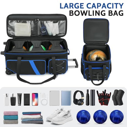 4 Ball Bowling Bag with Wheels, 3 Ball Bowling Bags Roller with 1 Ball Add On Bag, Multi-Pockets & Shoe Compartment (Fits Up to Size 16) - color: Blue