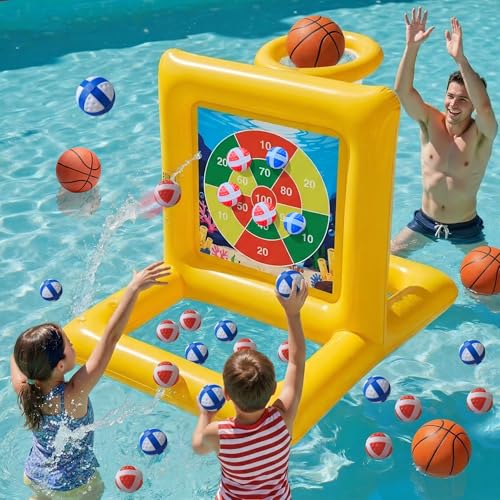Pool Toys for Kids & Adults, 2-in-1 Pool Basketball and Dart Board Game Set, Family Summer Water Games for Kids Ages 6+ and Adults, Backyard Pool Party Games, Yellow - color: Yellow