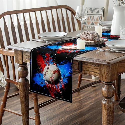 Baseball Table Runners 13X120 Inch,Baseball Games Tie Dye Table Runner,Ball Games Sports Rectangular Runner for Home Party Decor,Durable Luxury - size: 120"x13"