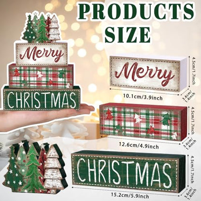 DIYDEC 4Pcs Christmas Table Decoration Green Tree Wooden Block Sign Christmas Tiered Tray Decor Winter Centerpiece Decorative Sign for Xmas Holiday Tabletop Coffee Fireplace Shelf Desk Party Decor - style: Green Tree