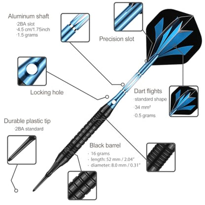 Darts Plastic Tip Set - 18g 21g Colorful Rainbow Soft Tip Darts 50 Anti-Loose O-Rings 6 Shaft (Aluminum/Nylon 45mm) 6 Durable Flights Extra 50 Soft Tips Electronic Dartboard - color: Blue-DART-D