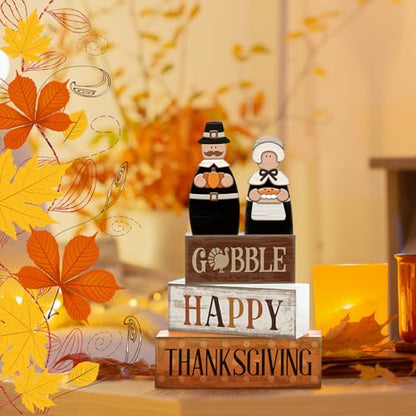 Lineshading 4 Pcs Fall Decoration for Home Wooden Pilgrim Couple Decor Thanksgiving Tiered Tray Decor Fall Centerpiece Rustic Decorative Pilgrim Block Sign Gift Farmhouse for Kitchen - style: Classic Pilgrim
