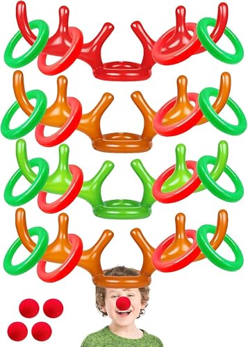 TOPLEE 20 Pieces Inflatable Reindeer Antlers Toss Game, Christmas Party Antler Hat Games for Kids Adults Family Indoor Outdoor Carnival Xmas Games(4 Antlers 16 Rings)