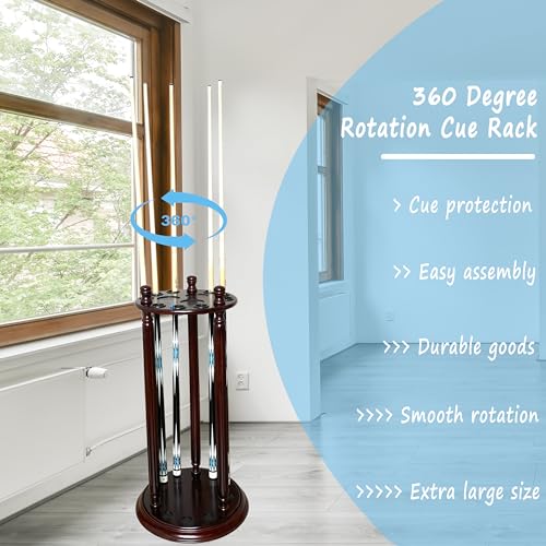 Revolving Billiard Cue Rack, Pool Stick Holder Floor Stand holds 9 Pool Table Sticks, Made of 100% Solid Wood (Mahogany) - color: Mahogany
