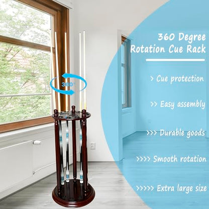 Revolving Billiard Cue Rack, Pool Stick Holder Floor Stand holds 9 Pool Table Sticks, Made of 100% Solid Wood (Mahogany) - color: Mahogany