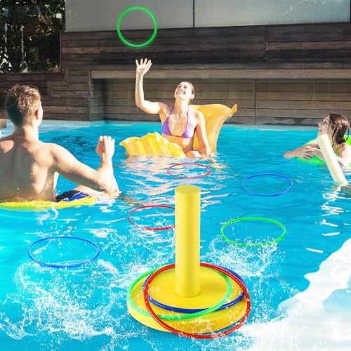 Hiboom Pool Ring Toss Games Toys, Swimming Pool Games for Adults and Family with 6 Pcs Throwing Rings, Water Foam Toss Float Toys for Summer Outdoor, Beach, Yard, Party (Bright Yellow Base) - style: Bright Yellow Base