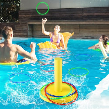 Hiboom Pool Ring Toss Games Toys, Swimming Pool Games for Adults and Family with 6 Pcs Throwing Rings, Water Foam Toss Float Toys for Summer Outdoor, Beach, Yard, Party (Bright Yellow Base) - style: Bright Yellow Base