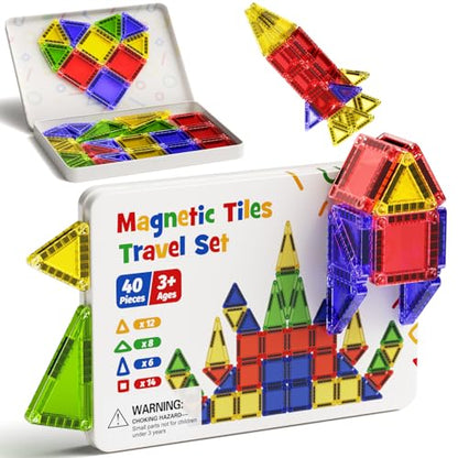 Mini Magnetic Tiles for Kids Travel - 40pcs STEM Building Blocks with Visual Storage Guide & Metal Box Play Base, Toddler Airplane Activities Toys for Ages 3-5,4-8, Compact Travel Toys - style: Glossy Surface Mini Magnetic Tiles - 40 PCS