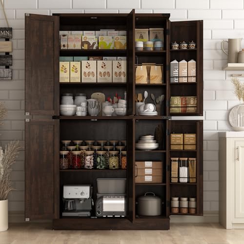 Hlivelood 71" Tall Kitchen Pantry,Farmhouse Storage Cabinet with Barn Doors,Organizer,Rustic Wood Cupboard,Farmhouse Pantry Cabinet for Kitchen,Dining Room,Living Room(Brown) - color: Brown, style: 6 Doors