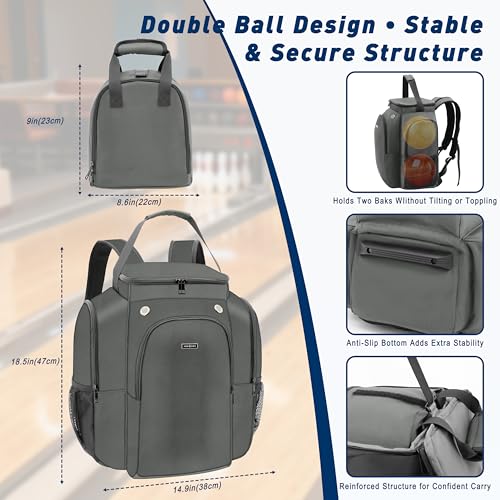 2-Ball Bowling Backpack with Shoe Storage – Heavy Duty Padded Travel Bag - color: DK Grey