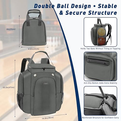 2-Ball Bowling Backpack with Shoe Storage – Heavy Duty Padded Travel Bag - color: DK Grey