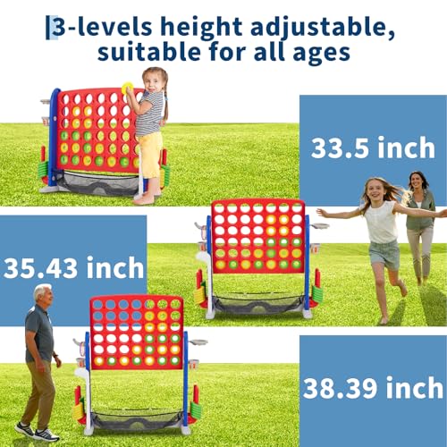 Giant 4-in-a-Row Game Set, Whale Design 4-in-1 with Basketball Hoop, Golf, Ring Toss, 42 Jumbo Rings, Adjustable Height, Quick-Release Catch Net - Outdoor Play for Kids & Adults