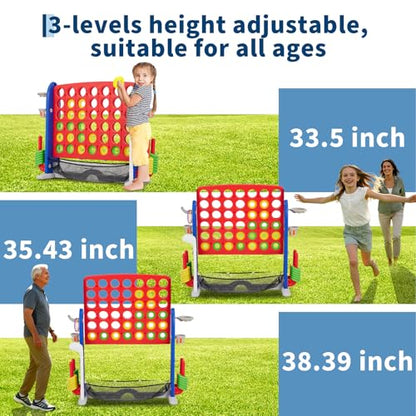 Giant 4-in-a-Row Game Set, Whale Design 4-in-1 with Basketball Hoop, Golf, Ring Toss, 42 Jumbo Rings, Adjustable Height, Quick-Release Catch Net - Outdoor Play for Kids & Adults