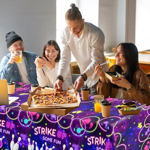 Bowling Birthday Supplies Tablecloth 3Pcs Let's Strike Up Some Fun Bowling Party Decorations Rainbow Neon Glow Girls Birthday Party Favors Disposable Plastic Table Cover