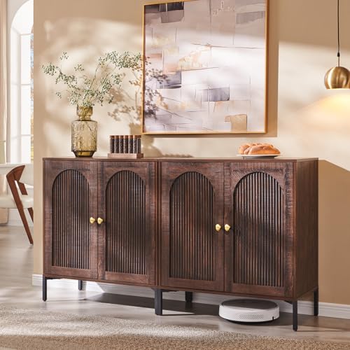 IFGET Modern Buffet Cabinet with Storage, 61.75" W Fluted Arched Sideboard Cabinet w/Adjustable Shelves, Wooden Modular Coffee Bar for Dining Room, Kitchen, Living Room, Entryway, Brown - color: Brown, size: 2 Pieces