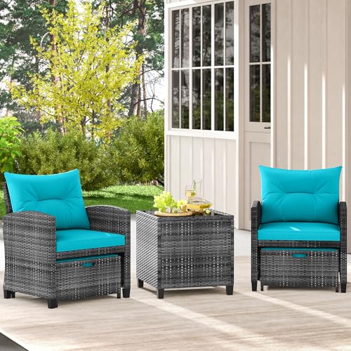 Tangkula 5 Pieces Patio Conversation Set, PE Wicker Rattan Outdoor Furniture Set with 2 Chairs, 2 Ottomans & Tempered Glass Coffee Table, Ideal for Poolside, Backyard, Lawn, Deck, Mix Grey & Turquoise - color: Mix Grey & Turquoise