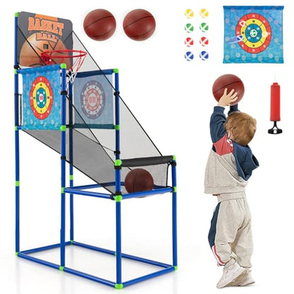 GLACER Kids Basketball Arcade Game, Indoor/Outdoor 2-in-1 PVC Hoop Set with Electronic Scoreboard & Sound, 8 Sticky Balls, 2 Basketballs, ASTM-Certified Basketball Game Toy for Ages 3+