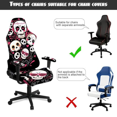 Skull Print Gaming Chair Covers with Armrest Covers Dust-Proof Universal Fit Gamer Desk Chair Cover for Ergonomic Game Rotating Office Chairs, Easy to Install - color: Black and White - Skull