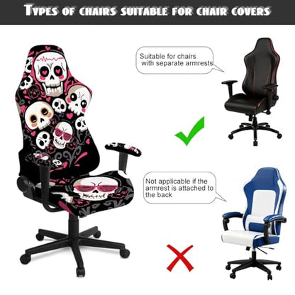 Skull Print Gaming Chair Covers with Armrest Covers Dust-Proof Universal Fit Gamer Desk Chair Cover for Ergonomic Game Rotating Office Chairs, Easy to Install - color: Black and White - Skull