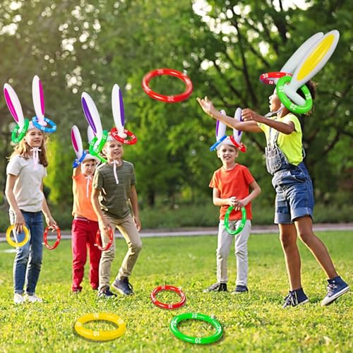[16 Score Rings ] 4 Pack Easter Inflatable Bunny Rabbit Ears Ring Toss Game Easter Basket Stuffers for Kids Party Games Inflatable Gifts for Indoor Outdoor Toys Party Supplies Family Game