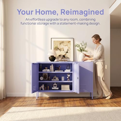 32" Wide 3-Door Lockable Metal Storage Cabinet with Accent Cabinet Locker, Heavy Duty Home Tool Cabinet, 2 Removable Shelves & Easy Assembly, for Home, Office, Entryway and Hallway Purple - color: Lilac, style: Cabinet-32"H-WL