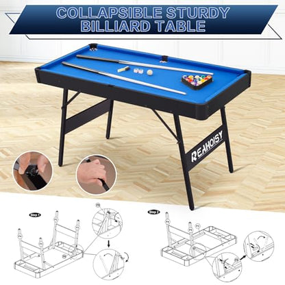 Folding Pool Table, Portable Billiard Game Tables for Kids and Adults, Mini Pool Table with Locking Legs, Adjustable Feet, Balls, Cues, Triangle, Chalk, Brush - color: 54-inch/Blue & Black