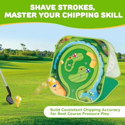 Golf Chipping Game Set Kids Backyard Golf Practice Set w/3-Sided Hitting Mat,20 Balls,6 Discs,Golf Club &4 Ground Stakes&Tees,4 in 1 Indoor Outdoor Family Game Sports Toy, for Boys Girls