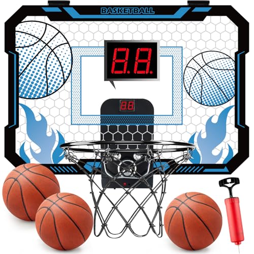 Indoor Basketball Hoop for Kids with Scoreboard Over the Door Basketball Hoop with 3 Balls Basketball Toys Gifts for 5 6 7 8 9 10 11 Years Old Boys Girls Mini Hoop for Bedroom and Birthday/Christmas - style: Blue