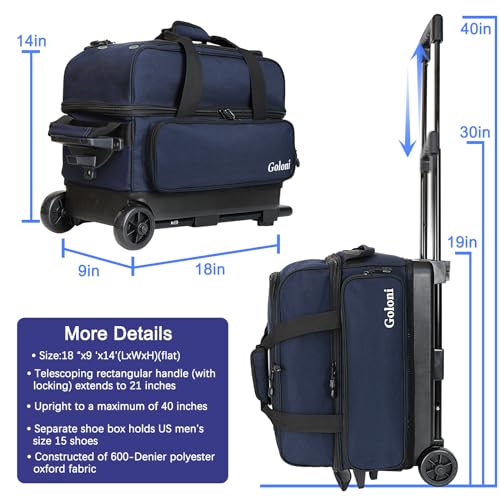 Goloni Double Roller 2 Ball Bowling Bag with Separate Shoe Compartment,2 Ball Bowling Bag with Wheels,Retractable Handle Extends to 40" - color: Dark Blue