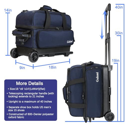 Goloni Double Roller 2 Ball Bowling Bag with Separate Shoe Compartment,2 Ball Bowling Bag with Wheels,Retractable Handle Extends to 40" - color: Dark Blue