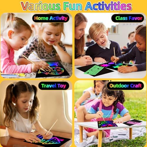 60 Pcs Scratch Art for Kids, Rainbow Scratch Paper, Black Magic Scratch Off Craft Set for 3 4 5 6 7 8 9 10 Years Old Girls and Boys Kids, Party Games Christmas Birthday Easter Gifts