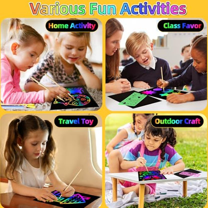 60 Pcs Scratch Art for Kids, Rainbow Scratch Paper, Black Magic Scratch Off Craft Set for 3 4 5 6 7 8 9 10 Years Old Girls and Boys Kids, Party Games Christmas Birthday Easter Gifts