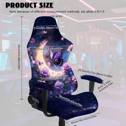 Suobstales Galaxy Butterfly Moon Rose Flower Pattern Gaming Chair Cover Set, Stretchable Game Chair Slipcovers with 2 Armrest Covers, Scratch-Proof Gamer Desk Chair Covers for Computer Office Seat - color: Galaxy Butterfly Moon Rose Flower